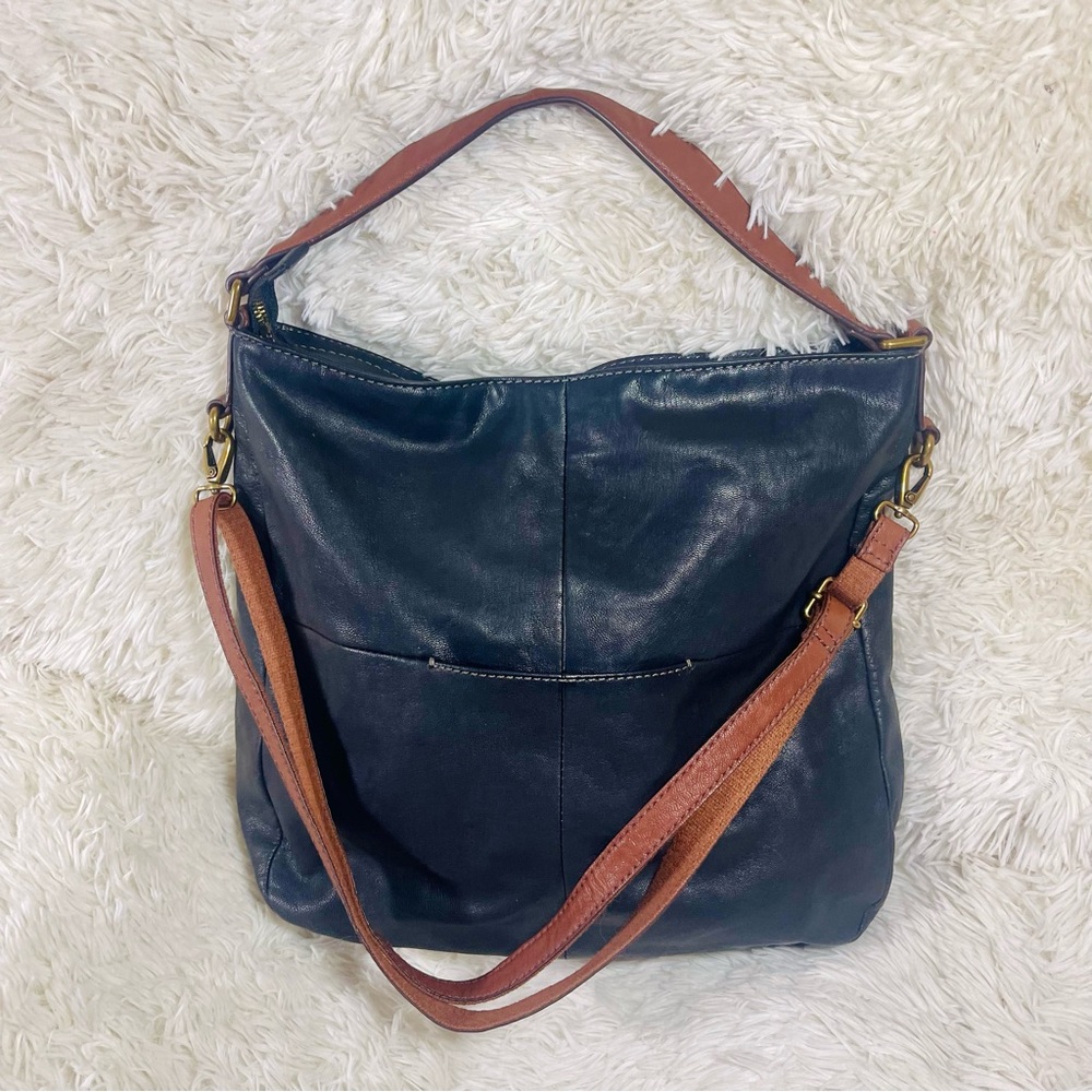 Fossil Black Leather Hobo Bag with Brown Straps